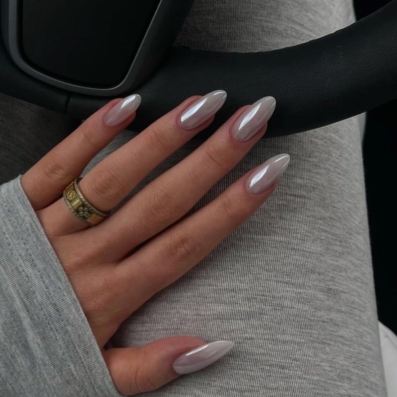 CTTHNBD Medium Press on Nails Almond - Chrome White Fake Nails - Solid Color Full Cover Stick on False Nail - for Women 24 Pcs - Image 1